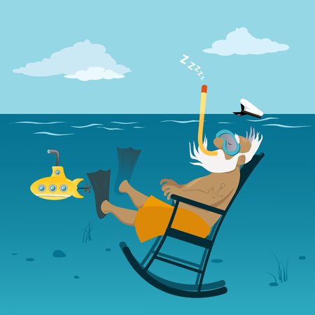 53373031 - retired old sea captain relaxing in a rocking chair underwater, breathing through a snorkel